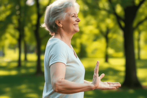 A mature woman gently stretching outdoors in a sunlit park surrounded by green trees, symbolizing joint health and active aging.
