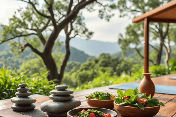 A peaceful wellness retreat with massage stones, yoga mats, fresh plant-based meals, and lush greenery, evoking relaxation and holistic health.