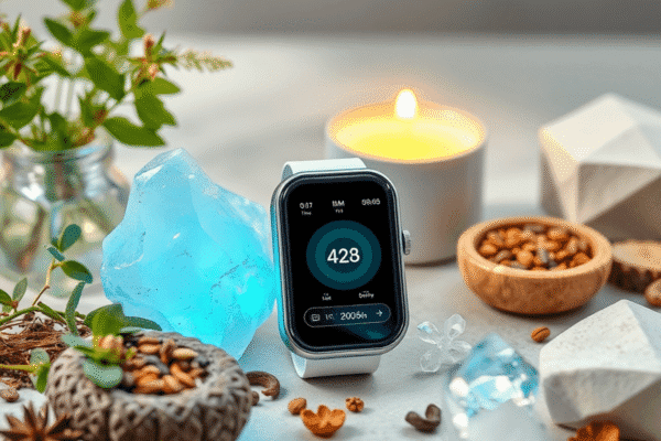 A peaceful wellness setup with herbs, crystals, and a digital health monitor blending natural healing and advanced technology.