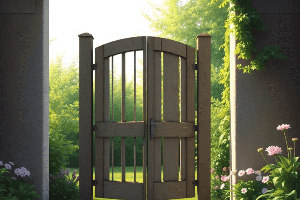 A serene garden gate slightly open with soft natural light, surrounded by greenery and flowers, symbolizing peace, balance, and healthy boundaries.