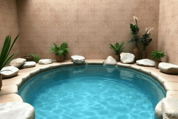 A serene spa with a clear cold plunge pool, smooth stones, greenery, and gentle water ripples creating a fresh, healing atmosphere.