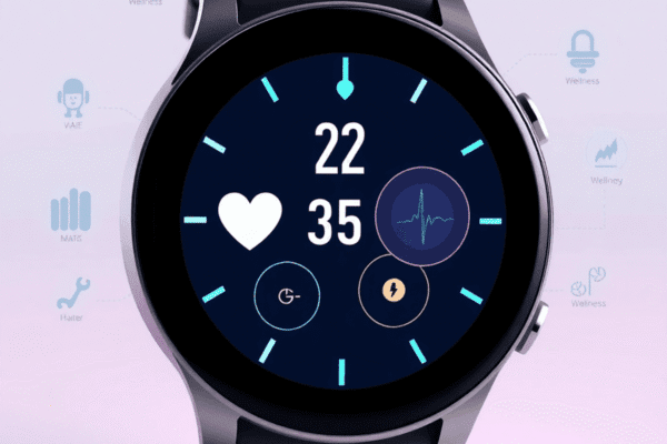 A sleek modern smartwatch showing heart rate and sleep data, surrounded by digital icons for AI, wellness, and biometrics on a bright background.