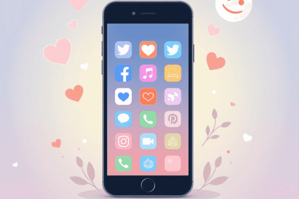 A smartphone screen with social media icons surrounded by hearts, chat bubbles, a lotus flower, and a peaceful face on a soft gradient background.