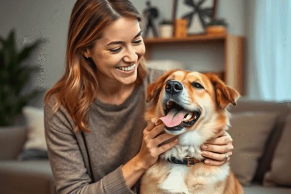 A woman gently petting her content dog in a cozy living room, highlighting their emotional bond and the comfort of pet companionship.
