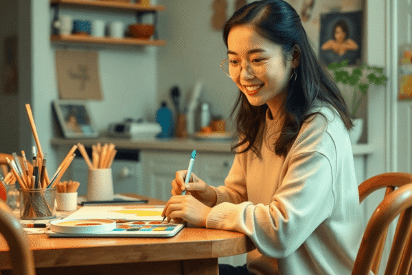 A woman painting with bright colors at a kitchen table surrounded by art supplies, creating a cozy and creative atmosphere.