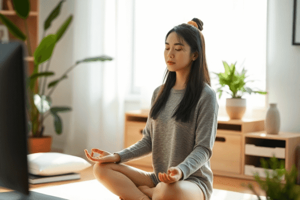A woman practicing mindfulness meditation in a serene, softly lit workspace with minimalistic decor, symbolizing calm and focus.