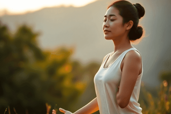 A woman practicing yoga outdoors at sunrise, surrounded by soft light and gentle greenery, symbolizing calm and holistic wellness.