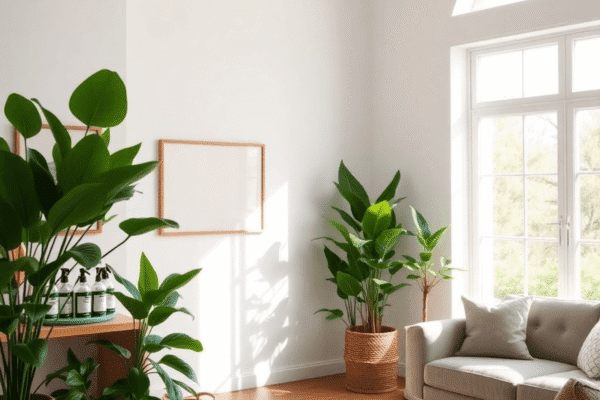 Bright living room with natural light, green plants, eco-friendly furnishings, and non-toxic cleaning products on a shelf, symbolizing a healthy home.