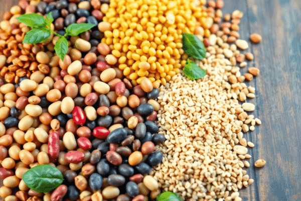 Colorful array of plant-based proteins like beans, lentils, nuts, seeds, and grains displayed on a wooden table showcasing their natural textures.