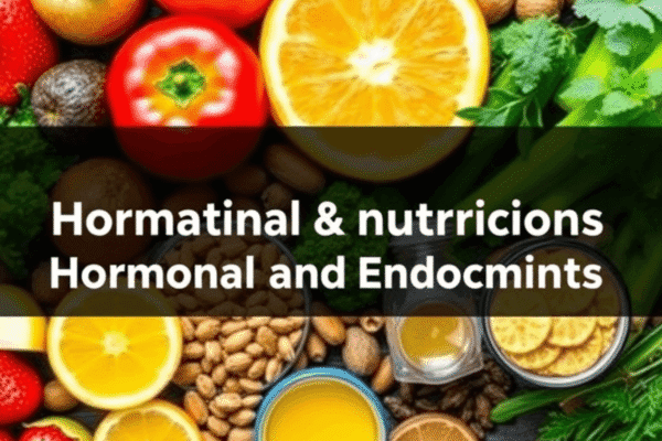 Colorful fresh fruits, vegetables, nuts, seeds, natural supplements, and herbs arranged to represent holistic nutrition and endocrine health.