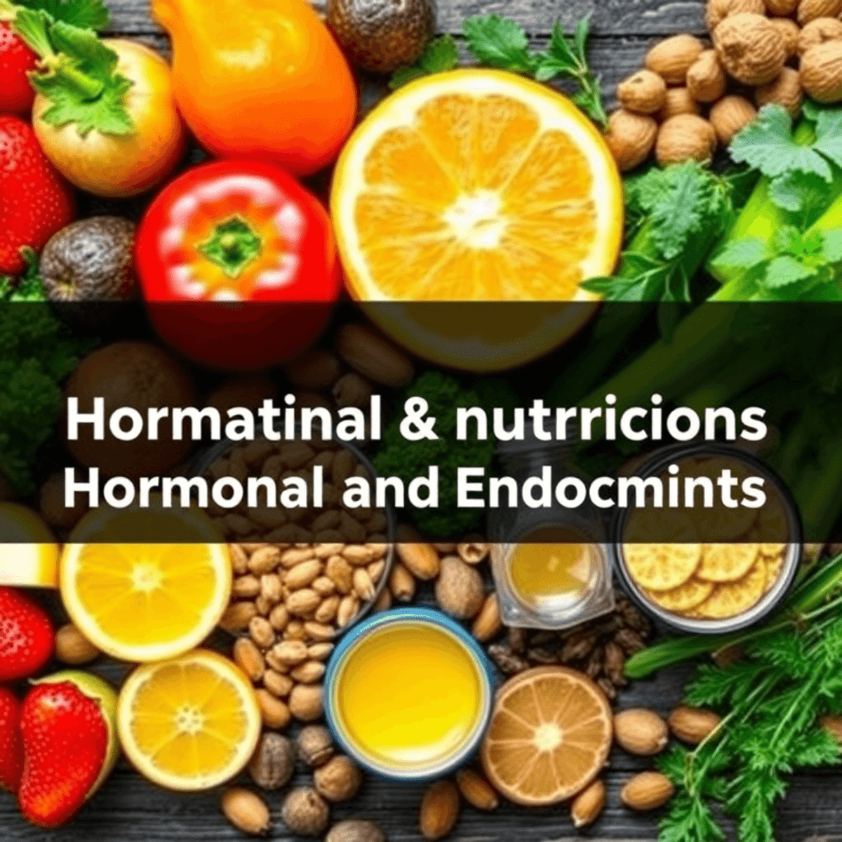 Colorful fresh fruits, vegetables, nuts, seeds, natural supplements, and herbs arranged to represent holistic nutrition and endocrine health.