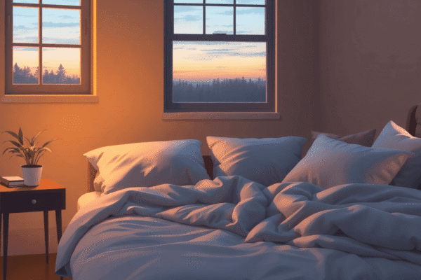 Cozy bedroom at dusk with soft warm light, a comfortable bed, bedside table with plant and book, and a window showing a peaceful evening sky.