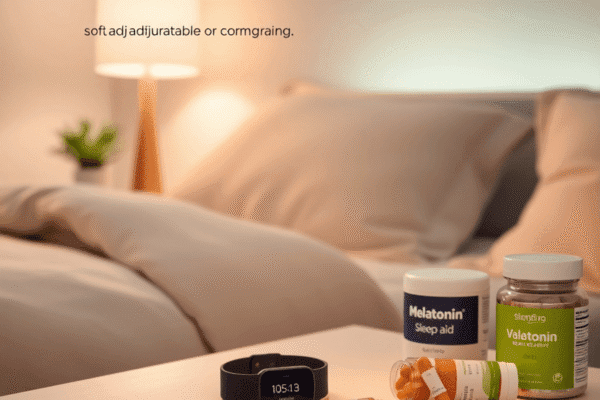Cozy bedroom with adjustable smart lighting, a sleek sleep tracker on the bedside table, and natural sleep supplements arranged neatly for restful ...