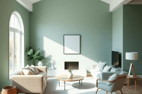 Cozy modern living room with sage green and soft blue walls, natural light streaming through windows, creating a relaxing and wellness-focused atmo...