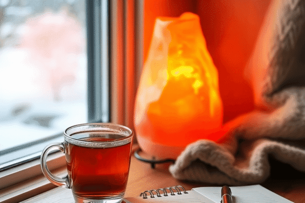 Cozy winter room with soft light, a cup of herbal tea, glowing salt lamp, and journal with pen, creating a warm, inviting self-care atmosphere.