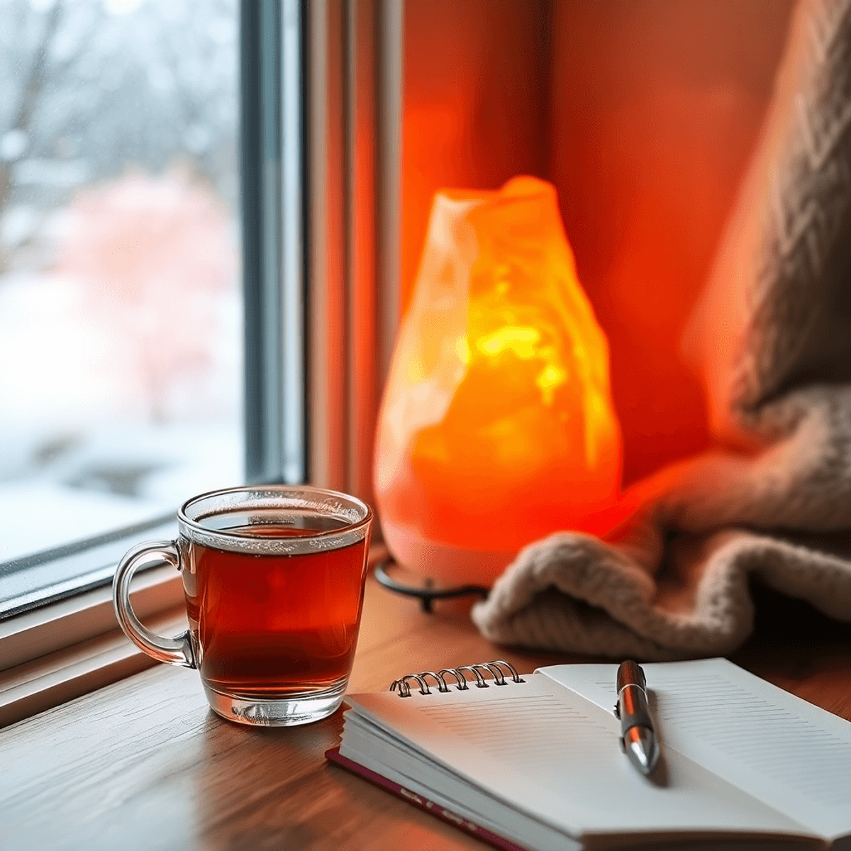 Cozy winter room with soft light, a cup of herbal tea, glowing salt lamp, and journal with pen, creating a warm, inviting self-care atmosphere.