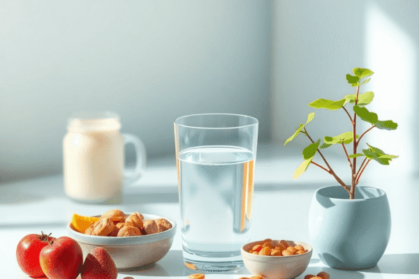Cozy workspace with a glass of water, healthy snacks, and a small plant, symbolizing hydration, nutrition, and self-care for mental health recovery.