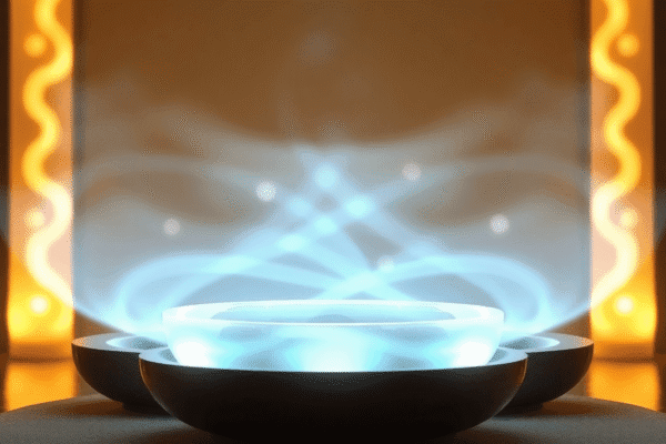 Crystal singing bowls glowing softly with light waves symbolizing sound vibrations in a tranquil spa setting, evoking calmness and healing energy.