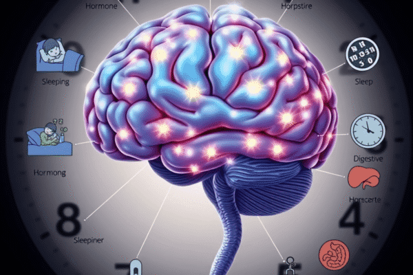 Detailed illustration of a human brain highlighting the suprachiasmatic nucleus with glowing signals, surrounded by circadian rhythm symbols on a s...