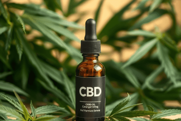 Dropper bottle of CBD oil surrounded by green hemp leaves on a soft, warm background evoking natural healing and wellness.