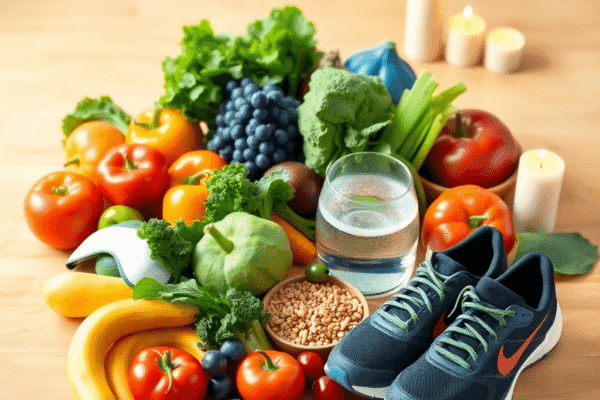 Fresh fruits, vegetables, grains on a wooden table with running shoes, water, sleep mask, and candles symbolizing healthy lifestyle habits.