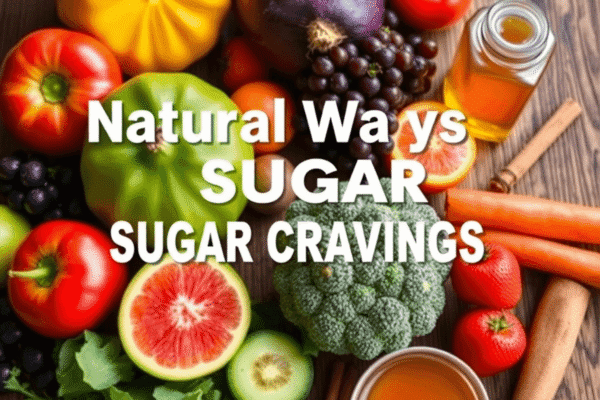 Fresh fruits, vegetables, honey, and cinnamon arranged on a wooden table, symbolizing natural ways to reduce sugar cravings.