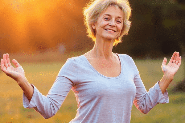 Middle-aged woman practicing yoga outdoors at sunrise, surrounded by nature, symbolizing holistic health and wellness during menopause.