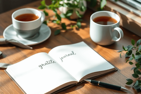 Open gratitude journal on wooden table with pen, cup of tea, and greenery, bathed in soft natural light, evoking mindfulness and calm.