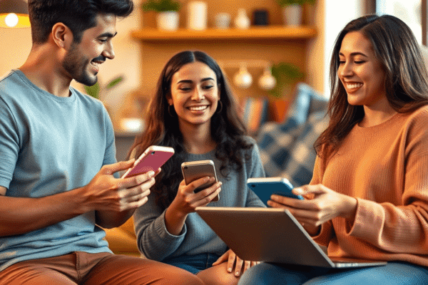 People happily engaging in face-to-face and virtual interactions using smartphones and laptops, symbolizing balance between real-world and digital ...
