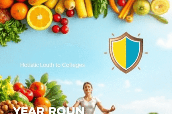 Person meditating outdoors surrounded by fresh fruits, vegetables, and an immunity shield symbol, depicting holistic health and year-round wellness.