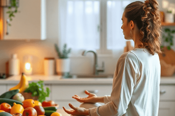 Person meditating peacefully in a cozy kitchen with fresh fruits and vegetables on the counter, symbolizing mindfulness and self-care.