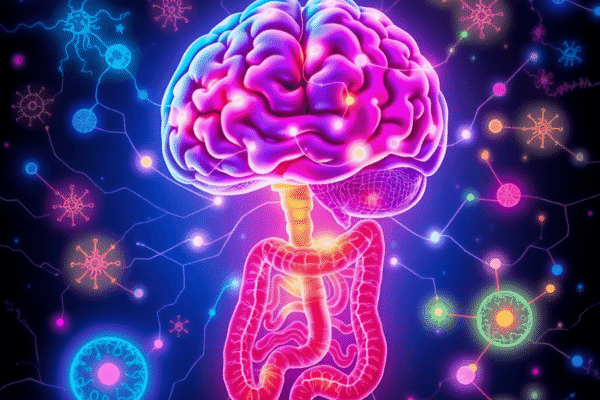Realistic illustration of a brain and digestive system linked by glowing neural pathways, surrounded by colorful gut microbiota and neurotransmitters.