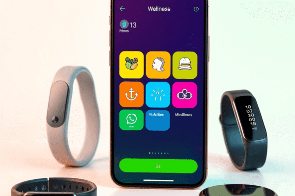 Smartphone showing a vibrant wellness app with fitness, nutrition, sleep, and mindfulness icons, surrounded by wearable devices on a bright backgro...