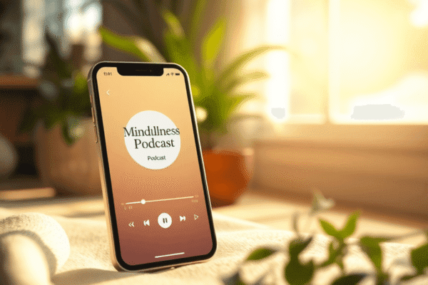 Smartphone showing mindfulness podcast app amid soft sunlight, green plants, and a peaceful indoor setting for relaxation and mental clarity.