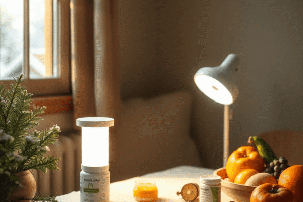 Sunlit cozy room with a light therapy lamp, vitamin D supplements, and fresh fruits and vegetables on a table, evoking warmth and natural healing.