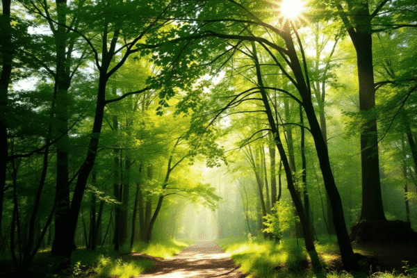 Sunlit forest trail with lush green trees and soft rays filtering through leaves, creating a calm and peaceful atmosphere.