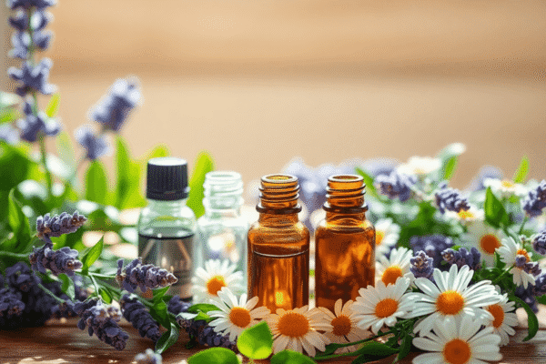 Sunlit wooden table with small glass essential oil bottles surrounded by lavender, eucalyptus, and chamomile flowers, creating a calm, natural well...