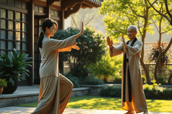 Two people practicing Tai Chi and Qi Gong in a peaceful garden with soft natural light and lush greenery, symbolizing harmony and energy flow.