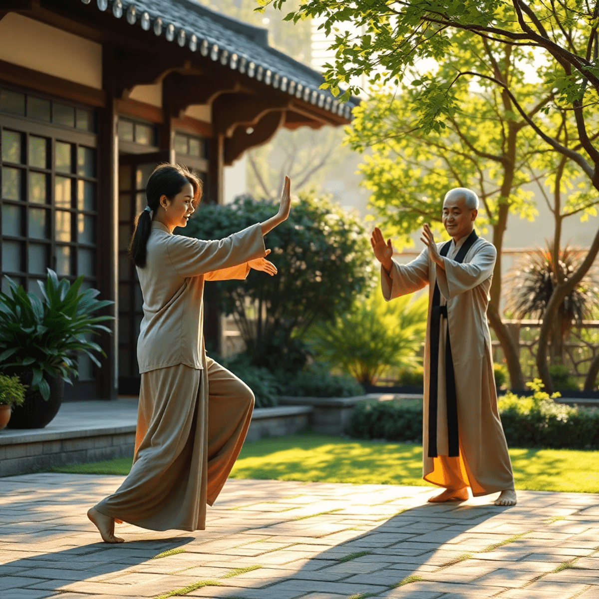 Two people practicing Tai Chi and Qi Gong in a peaceful garden with soft natural light and lush greenery, symbolizing harmony and energy flow.