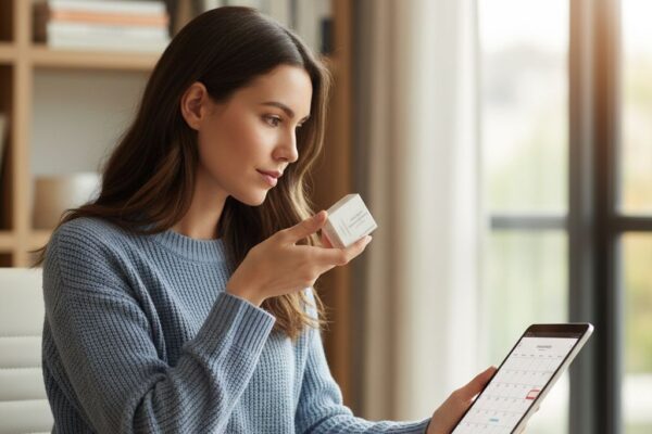 Young woman in home office reviewing calendar on tablet while holding pill box for emergency contraception, focused and empowered with educational surroundings.