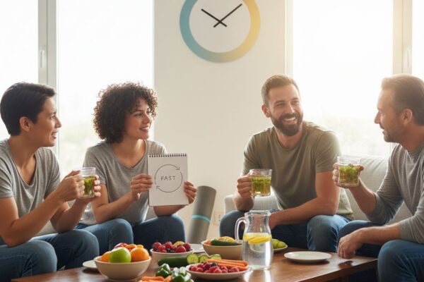 Diverse group of adults in a modern living room discussing intermittent fasting with healthy foods and a clock, promoting wellness and community.